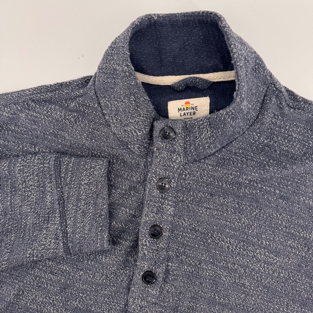Marine Layer Henley Pullover Mens Medium Blue Marled Mock Neck Long Sleeve Top